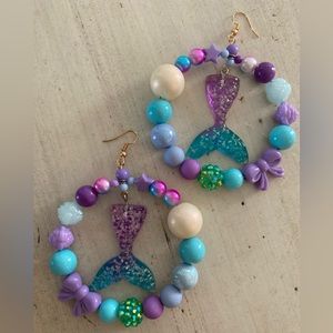 Mermaid tail fin purple blue hoop loop pearl beaded earrings statement beach